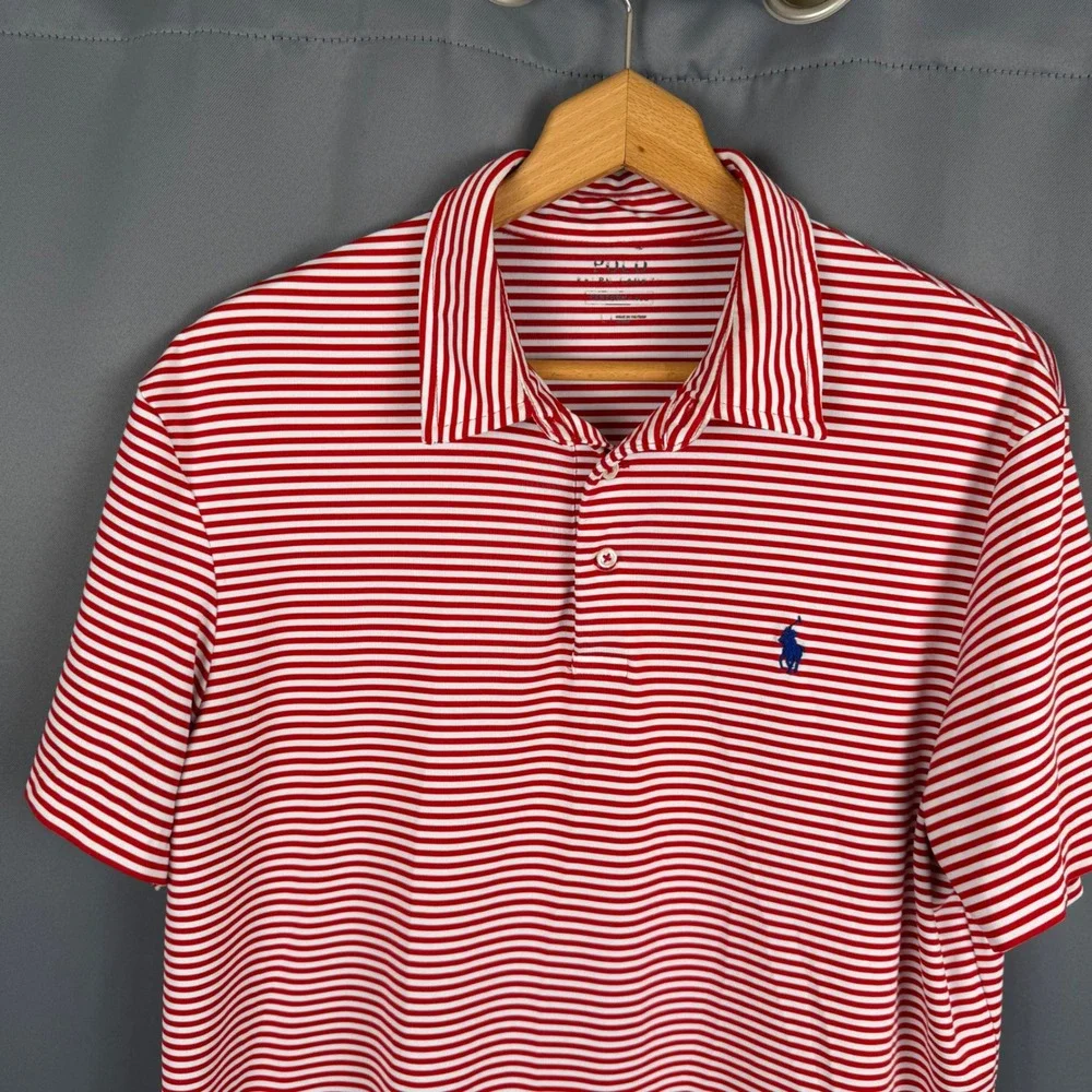 Polo Ralph Lauren Mens Performance Polo Shirt Large Red White Striped Golf Top